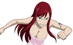  1girl angry breasts brown_eyes earrings erza_scarlet fairy_tail female_focus highres jewelry long_hair red_hair solo tattoo towel  rating:Questionable score:39 user:EmperorJder