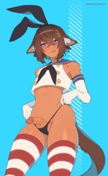  1boy animal_ears black_panties blue_eyes brown_hair cosplay cowboy_shot crop_top crossdressing elbow_gloves fake_animal_ears gloves hair_between_eyes hair_ornament hairclip highleg highleg_panties highres kantai_collection licking_lips looking_at_viewer male_focus matemi navel original panties penis rabbit_ears sailor_collar shimakaze_(kancolle) shimakaze_(kancolle)_(cosplay) short_hair simple_background solo striped_clothes striped_thighhighs tail testicles thighhighs tongue tongue_out trap uncensored underwear white_gloves  rating:Explicit score:244 user:danbooru