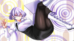  black_pantyhose black_skirt boots breasts collared_shirt computer cross-laced_footwear digimon digimon_world_re:digitize foot_out_of_frame glasses high-waist_skirt hisuikouha laptop large_breasts looking_at_viewer mikagura_mirei neck_ribbon pantyhose purple_eyes purple_hair purple_ribbon ribbon shirt skirt smile suspender_skirt suspenders white_background white_footwear white_shirt 