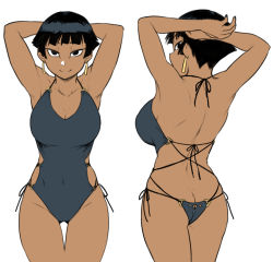 1girl armpits arms_behind_head ass bare_shoulders black_eyes black_hair breasts butt_crack commentary_request dark_skin earrings flat_ass jewelry looking_at_viewer looking_back multiple_views nail_polish nefertari_(tsukudani) one-piece_swimsuit original short_hair side-tie_swimsuit simple_background smile swimsuit tsukudani_(coke-buta) very_short_hair white_background rating:Sensitive score:80 user:danbooru