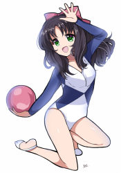 1girl arm_up athletic_leotard ball black_hair blue_leotard bow character_request commentary_request commission full_body green_eyes gymnastics hair_bow half-soles legs leotard long_hair miyamori_raira on_one_knee open_mouth pixiv_commission rhythmic_gymnastics ribbon simple_background smile solo thighs tokyo_mew_mew two-tone_leotard white_background white_footwear white_leotard rating:Sensitive score:3 user:danbooru
