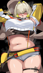  1boy 1girl :d armpits arms_up blonde_hair blush breasts commentary_request cowboy_shot elegg_(nikke) goddess_of_victory:_nikke grabbing grabbing_another&#039;s_breast grey_shorts hair_intakes hella_p hetero highres korean_commentary large_breasts navel open_mouth purple_eyes short_hair short_shorts shorts smile solo_focus stomach thigh_strap thighs 