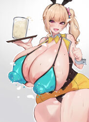  1girl :d animal_ears bare_shoulders blonde_hair blush bow bowtie breasts bunny_garden cum cup detached_collar drinking_glass enko_ss fake_animal_ears gigantic_breasts glass gradient_background highres huge_nipples long_hair open_mouth pointy_breasts ponytail puffy_nipples rabbit_ears red_eyes rin_(bunny_garden) side_ponytail simple_background smile solo steam symbol-shaped_pupils thick_thighs thighs tongue tray yellow_bow yellow_bowtie 