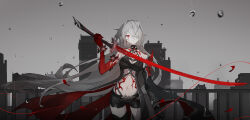  1girl absurdres acheron_(honkai:_star_rail) bare_shoulders coat commentary_request cowboy_shot detached_sleeves highres holding holding_sword holding_weapon honkai:_star_rail honkai_(series) incredibly_absurdres katana limited_palette long_hair long_sleeves midriff navel qixia red_eyes short_shorts shorts single_sleeve solo spot_color standing stomach sword very_long_hair weapon 