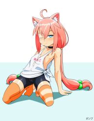  1girl animal_ears annoyed antenna_hair arm_support artist_name asymmetrical_legwear bare_arms bare_shoulders bike_shorts black_bike_shorts black_choker blue_eyes blush cat_ears cat_girl choker cleft_of_venus cum cum_on_body cum_on_chest cum_on_clothes cum_on_hair cum_on_upper_body cumdrip embarrassed expressionless eyebrows facial female_focus flat_chest full_body hetero highres hinata_channel leaning_back loli long_hair looking_at_viewer low_twintails nekomiya_hinata nipples no_bra one_eye_closed orange_thighhighs pink_hair ponpu_(pumpkinsinclair) shirt sideless_outfit simple_background solo squatting striped_clothes striped_thighhighs thighhighs tiptoes twintails virtual_youtuber white_background white_shirt  rating:Explicit score:80 user:Only_Kemonomimi