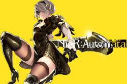  1girl black_dress black_footwear black_gloves black_thighhighs blindfold boots breasts cleavage cleavage_cutout clothing_cutout copyright_name dress gloves grey_hair high_heel_boots high_heels highres juliet_sleeves kneeling laio long_sleeves mole mole_under_mouth nier:automata nier_(series) on_one_knee puffy_sleeves shiny_clothes short_hair simple_background skindentation small_breasts solo square_enix standing sword thigh_boots thighhighs weapon yellow_background 2b_(nier:automata)  rating:Sensitive score:20 user:NieR2B