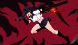  1girl black_hair boots covered_eyes elbow_gloves fang fire fire from_side gloves long_hair midriff navel null_(nyanpyoun) open_mouth pleated_skirt red_background running school_uniform serafuku skirt solo teeth weapon  rating:Sensitive score:9 user:KawaiiDestro
