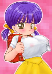 blush breasts cleavage purple_hair safety_pin school_uniform see-through smile rating:Questionable score:13 user:Anonymous