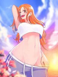  brown_eyes looking_at_viewer nami_(one_piece) one_piece open_mouth orange_hair pants smile sweatpants  rating:Questionable score:48 user:personon