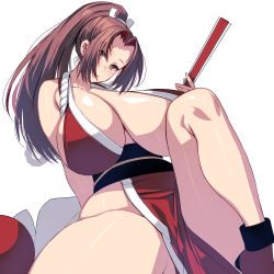 1girl breasts brown_eyes brown_hair commentary_request curvy fatal_fury hand_fan high_ponytail highres huge_breasts japanese_clothes kouno_(masao) long_hair looking_at_viewer no_bra plump ponytail shiranui_mai simple_background solo the_king_of_fighters thick_thighs thighs rating:Questionable score:24 user:danbooru