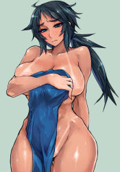 1girl ahoge areola_slip bikini_tan black_hair blush breasts closed_mouth collarbone covering_privates covering_breasts cowboy_shot curvy female_focus frown green_eyes large_breasts long_hair looking_down low_ponytail nipple_slip nipples nude original shiny_skin simple_background skj solo sweat tan tanline thigh_gap wide_hips rating:Questionable score:66 user:danbooru