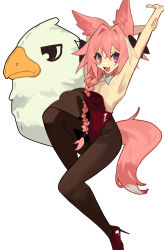  1boy absurdres animal_ears armpits astolfo_(fate) bird black_thighhighs braid fang fate_(series) fox_boy fox_ears fox_tail ghost_(tama) high_heels highres leotard long_hair male_focus open_mouth pink_hair playboy_bunny purple_eyes simple_background single_braid skin_fang solo stretching tail thighhighs trap white_background  rating:General score:18 user:danbooru