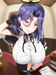 1girl breasts cleavage highres huge_breasts kantai_collection kloah looking_at_viewer parted_lips purple_eyes purple_hair sitting smile solo tatsuta_(kancolle) rating:Questionable score:63 user:Unnlo