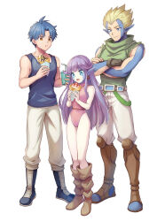  1girl 2boys blue_eyes boots breasts brown_footwear closed_mouth earrings eating esper_(saga) facial_mark food full_body human_(saga) jewelry leotard long_hair multiple_boys no_s open_mouth pointy_ears purple_hair saga saga_1 simple_background small_breasts smile white_background 