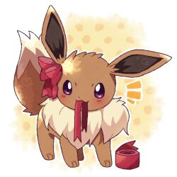  bow brown_fur creatures_(company) eevee game_freak gen_1_pokemon looking_at_viewer mouth_hold nintendo no_humans pokemon pokemon_(creature) purple_eyes red_bow red_ribbon ribbon ribbon_in_mouth roku_(rokkrn) solo two-tone_fur white_fur 
