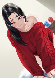  1girl all_fours bed black_hair blueorca blurry blurry_background breasts collarbone highres indoors large_breasts long_hair long_sleeves naked_sweater off_shoulder original parted_lips pillow purple_eyes red_sweater single_bare_shoulder sleeves_past_wrists smile solo sweater teeth 
