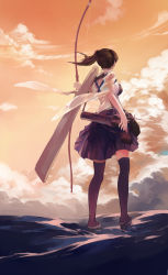 10s 1girl black_thighhighs bow_(weapon) brown_hair bzerox cloud flight_deck from_behind highres kaga_(kancolle) kantai_collection muneate ocean quiver rigging side_ponytail solo thighhighs water weapon rating:Sensitive score:5 user:danbooru
