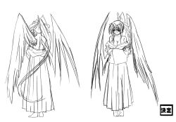 1girl angel_wings antenna_hair asymmetrical_wings breasts cleavage demon_wings female_focus full_body greyscale high_school_dxd himejima_akeno large_breasts long_hair mismatched_wings monochrome multiple_views official settei solo standing wings