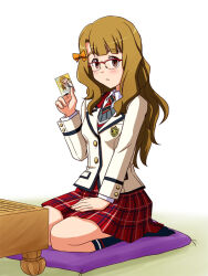 1girl bespectacled black_socks blazer blue_trim bow breasts brown_eyes brown_hair buttoned_cuffs buttons card closed_mouth collared_shirt commentary_request diagonal-striped_clothes diagonal-striped_necktie expressionless full_body glasses grey_sweater hair_bow hand_on_own_thigh holding holding_card idolmaster idolmaster_million_live! jacket lapels lielos long_hair long_sleeves looking_at_viewer looking_to_the_side meta miyao_miya multicolored_necktie necktie on_pillow orange_bow over-rim_eyewear pillow plaid plaid_skirt pleated_skirt red-framed_eyewear red_necktie red_skirt semi-rimless_eyewear shirt simple_background sitting skirt small_breasts socks solo striped_clothes striped_socks sweater table tareme uniform_series_(idolmaster) wariza wavy_hair white_background white_shirt