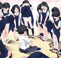  1boy 6+girls black_hair circle_formation clothes_lift commentary grin highres lifted_by_self medium_hair multiple_girls original p-u-n-i panties panty_pull school_uniform skirt skirt_lift smile twintails underwear white_panties 