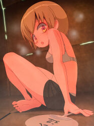  1girl arm_support bare_legs barefoot bike_shorts black_shorts blonde_hair blush box bra breasts cardboard commentary_request drooling feet hand_fan hand_fan_writing highres homeless indoors jashin-chan_dropkick looking_at_viewer looking_to_the_side medium_breasts multicolored_eyes no_hairband open_mouth orange_eyes panties panties_under_bike_shorts pekora_(jashin-chan_dropkick) saliva sat-c shiny_skin short_hair shorts sitting soles solo steam sweat toes translation_request underwear white_bra white_panties yellow_eyes 