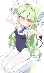 1girl absurdres animal_ears black_leotard black_tail blue_archive blush breasts closed_mouth covered_navel demon_tail detached_collar fake_animal_ears floor gang_h gloves green_hair green_halo hair_between_eyes halo highres hikari_(blue_archive) leotard long_hair looking_at_viewer pantyhose pointy_ears rabbit_ears small_breasts solo strapless strapless_leotard tail white_gloves white_pantyhose wrist_cuffs yellow_eyes 