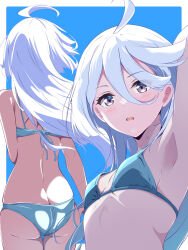  absurdres ahoge alternate_hairstyle arm_behind_head arm_up armpits ass back bikini blue_background blue_bikini borgbutler breasts butt_crack commentary_request facing_away from_behind grey_eyes grey_hair gundam gundam_suisei_no_majo hair_between_eyes hair_down highres long_hair looking_at_viewer miorine_rembran multiple_views open_mouth partial_commentary small_breasts standing swimsuit thigh_gap wind  rating:Sensitive score:11 user:danbooru