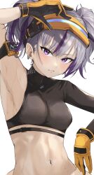  1girl absurdres armpits black_shirt breasts closed_mouth commentary_request crop_top drilley_(nikke) earrings frown fujisaki_subaru gloves goddess_of_victory:_nikke grey_hair highres jewelry looking_at_viewer medium_breasts midriff multicolored_hair navel purple_eyes purple_hair shirt short_twintails simple_background single_sleeve skin_tight solo streaked_hair sweat twintails two-tone_hair white_background yellow_gloves 