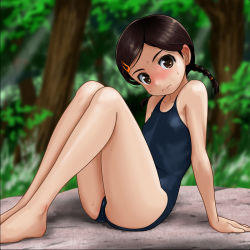  1girl 3: arm_support bare_arms bare_legs bare_shoulders barefoot black_one-piece_swimsuit blue_one-piece_swimsuit blue_school_swimsuit blurry blurry_background blush braid breasts brown_eyes brown_hair closed_mouth collarbone commentary_request day depth_of_field flat_chest forehead forest from_side hair_ornament hair_tie hairclip head_tilt looking_at_viewer looking_to_the_side low_twintails nature nose_blush one-piece_swimsuit original outdoors parted_bangs rohitsuka school_swimsuit sitting small_breasts solo sweat swimsuit tree twin_braids twintails wavy_mouth  rating:Sensitive score:20 user:danbooru