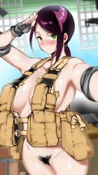  1girl assault_vest bare_shoulders belt black_hair blush bottomless breasts cleavage collarbone elbow_pads female_pubic_hair female_soldier fingerless_gloves fuantei gloves green_eyes grey_gloves hip_focus idolmaster idolmaster_cinderella_girls large_breasts long_hair looking_at_viewer naked_belt parted_lips ponytail pouch pubic_hair salute selfie sideboob soldier solo swept_bangs tactical_clothes yamato_aki  rating:Questionable score:50 user:danbooru