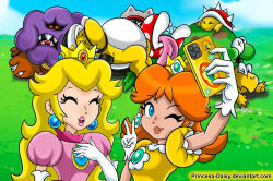 2girls artist_name battle blonde_hair bloomp blue_eyes breasts brooch brown_hair cellphone closed_eyes crown day earrings flower_earrings goombrat grass grin injury jewelry koopa_troopa laughing long_hair mario_(series) multiple_girls nintendo one_eye_closed outmaway_(mario) phone piranha_plant princess_daisy princess_peach puffy_short_sleeves puffy_sleeves short_sleeves shova small_breasts smile smogrin spiny super_mario_bros._wonder tongue tongue_out v wink