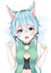 1girl animal_ears artist_name blue_eyes blue_hair blush breasts cat_ears cat_tail cleavage collar highres looking_at_viewer medium_breasts navel open_mouth rokuuso saliva sinon sinon_(sao-alo) solo sword_art_online tail twitter_username rating:Sensitive score:10 user:danbooru