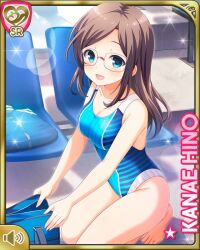  1girl :d bare_arms bare_legs barefoot blue_eyes blue_one-piece_swimsuit brown_hair card_(medium) character_name day girlfriend_(kari) hino_kanae indoor_pool indoors kneeling official_art one-piece_swimsuit open_mouth qp:flapper smile swimsuit 