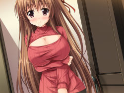  1girl blush breasts brown_hair cleavage cleavage_cutout clothing_cutout female_focus game_cg hair_ribbon huge_breasts long_hair looking_at_viewer meme_attire open-chest_sweater purple_eyes red_sweater ribbed_sweater ribbon smile solo standing sweater very_long_hair  rating:Questionable score:26 user:einkleinerfan