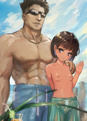 1boy 1girl absurdres age_difference beach blush breasts flat_chest highres loli muscular muscular_male outdoors small_breasts tagme tan tanline xufiji rating:Questionable score:89 user:Majinio