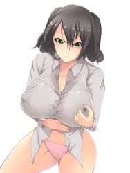 1girl black_hair breasts cameltoe covered_erect_nipples curvy female_focus green_eyes highres huge_breasts impossible_clothes lactation lactation_through_clothes no_bra panties pink_panties shirt shumichi simple_background solo standing underwear white_background rating:Questionable score:73 user:Xander