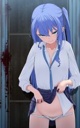  1girl absurdres blood blood_stain blue_eyes blue_hair blue_necktie blue_skirt bra bra_peek closed_mouth clothes_lift collarbone flat_chest hair_ribbon highres hololive hoshimachi_suisei inamochi_keiichirou lifting_own_clothes long_hair long_sleeves looking_at_viewer loose_necktie miniskirt necktie panties panty_pull plaid plaid_skirt ribbon school_uniform serafuku shirt shirt_tucked_in side_ponytail skirt skirt_lift smile solo underwear undressing v-shaped_eyebrows very_long_hair virtual_youtuber white_panties white_shirt 