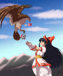  1girl absurdres ainu_clothes artist_name bird black_hair box breasts cherry_blossoms cupping_hands fingerless_gloves gift gift_box gloves grey_eyes hair_ribbon highres legs long_hair looking_up mamahaha medium_breasts nakoruru open_mouth outstretched_arms own_hands_together pants ribbon samurai_spirits smile snk solo souleatersaku90 the_king_of_fighters thick_thighs thighs valentine very_long_hair weapon wide_hips 