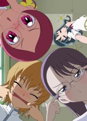  4girls =_= blush circle_formation derivative_work closed_eyes face from_below glasses hanasaki_tsubomi hands_on_own_face heartcatch_precure! kurumi_erika looking_at_viewer looking_down lucky_star making_faces mouth_pull multiple_girls myoudouin_itsuki natsuhina parody pov precure school_uniform tsukikage_yuri 