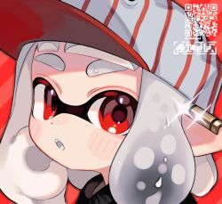  1girl baseball_cap blush earrings grey_hair hat inkling inkling_girl inkling_player_character jewelry medium_hair nintendo open_mouth pointy_ears qr_code red_background red_eyes sahata_saba signature soles solo splatoon_(series) splatoon_3 suction_cups tentacle_hair white_hat 