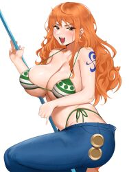  1girl absurdres bikini blue_pants blush breasts brown_eyes cleavage denim earrings feet_out_of_frame green_bikini highres holding holding_polearm holding_weapon huge_breasts jeans jewelry kevbot lips long_hair looking_at_viewer nami_(one_piece) navel one_piece open_mouth orange_hair pants polearm print_bikini shoulder_tattoo side-tie_bikini_bottom skindentation solo spaghetti_strap strap_gap swimsuit tattoo teeth unaligned_breasts undersized_clothes weapon white_background  rating:Sensitive score:9 user:danbooru