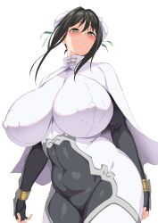  1girl absurdres black_hair bodysuit breasts bun_cover chinese_clothes closed_mouth covered_erect_nipples covered_navel double_bun fate/grand_order fate_(series) fingerless_gloves gloves green_eyes green_ribbon hair_bun hair_ribbon hakai_shin highres huge_breasts impossible_bodysuit impossible_clothes looking_at_viewer plump qin_liangyu_(fate) ribbon short_hair simple_background smile solo weapon white_background 