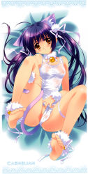1girl absurdres animal_ears bare_shoulders barefoot bell blush brown_eyes carnelian cat_ears cat_tail clothing_aside collar feet hair_ribbon highres leg_ribbon long_hair lying neck_bell on_back one-piece_swimsuit purple_hair ribbon scan school_swimsuit see-through soles solo swimsuit swimsuit_aside tail thigh_ribbon toes twintails white_school_swimsuit white_one-piece_swimsuit rating:Questionable score:37 user:danbooru