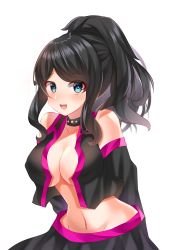  1girl absurdres black_hair blue_eyes blush breasts cassie_lewida choker cleavage happy highres large_breasts looking_at_viewer midriff navel open_clothes open_mouth open_shirt original ponytail smile transparent_background  rating:Explicit score:5 user:Kmeyer22