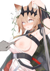  1girl ? absurdres animal_ear_fluff animal_ears arknights arm_up armpit_crease armpits bare_shoulders black_jacket black_tiara blush breasts brown_eyes brown_hair cat_ears cat_girl chest_strap closed_mouth clothes_pull collared_shirt cowboy_shot flower hair_between_eyes hair_flower hair_ornament highres holding holding_polearm holding_weapon jacket looking_at_viewer medium_hair nipples open_clothes open_jacket open_mouth pcaccount13 polearm rose shirt short_hair sideboob simple_background sleeveless sleeveless_shirt solo spoken_question_mark star-shaped_pupils star_(symbol) surprised sweat symbol-shaped_pupils tiara vendela_(arknights) weapon white_background 