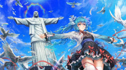  1girl ahoge alternate_costume aqua_eyes aqua_hair bird black_dress christ_the_redeemer day dress feathers floating_hair flower from_below glycyrrhizae hair_flower hair_ornament hatsune_miku highres layered_clothes legs_together long_hair outdoors outstretched_arms panties pantyshot ribbon-trimmed_dress sky solo spread_arms statue thighhighs twintails underwear vocaloid white_panties white_thighhighs wide_shot 