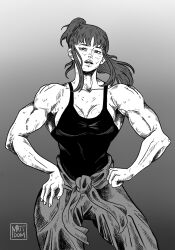  1girl black_hair black_vest breasts grey_background greyscale hands_on_own_hips highres long_hair looking_at_viewer mattdominicart monochrome muscular muscular_female open_mouth original solo standing sweat vest watermark  rating:Sensitive score:4 user:danbooru