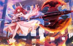  1girl 300_heroes ahoge axe battle_axe cloud date_a_live fire full_body hair_ribbon holding holding_weapon horns itsuka_kotori japanese_clothes long_hair official_art red_eyes red_footwear red_hair ribbon shawl solo thighs third-party_source weapon 