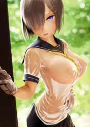 10s 1girl absurdres blue_eyes blurry breasts buttons covered_erect_nipples depth_of_field gloves hair_ornament hair_over_one_eye hairclip hamakaze_(kancolle) hand_on_own_stomach highres kantai_collection large_breasts looking_at_viewer nipples no_bra open_mouth pleated_skirt puffy_nipples revision sailor_collar scan school_uniform see-through serafuku short_hair silver_hair skirt solo wa_(genryusui) wet wet_clothes white_gloves rating:Questionable score:103 user:danbooru