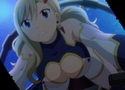  1girl anime_screenshot blonde_hair blue_eyes breasts cleavage earrings eden&#039;s_zero highres jewelry large_breasts long_hair rebecca_bluegarden screencap solo stitched third-party_edit twintails  rating:Questionable score:28 user:redblue99